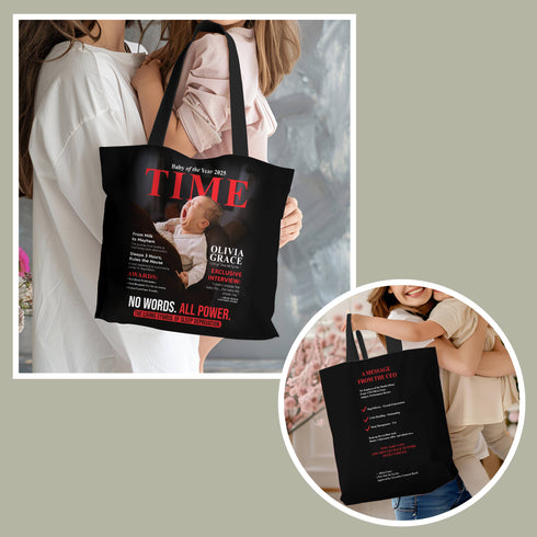 Personalized TIME Baby Magazine Tote Bag – Custom Photo, Name & Quote | Funny Gift for Mom